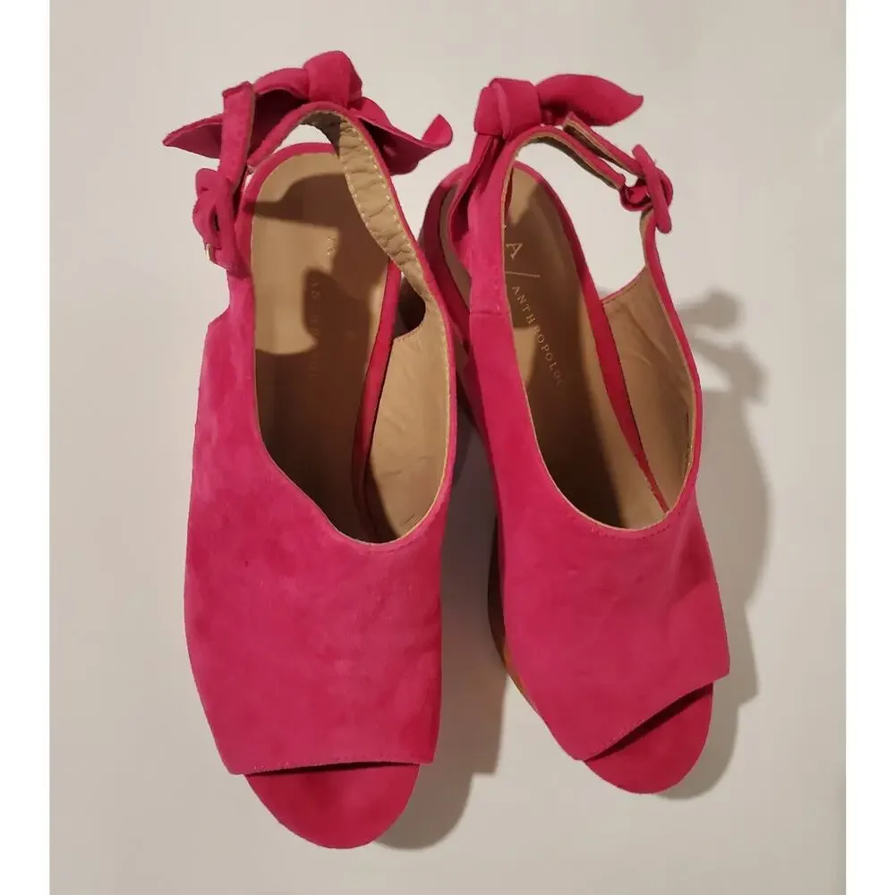 Anthropologie Bow Back Suede Leather Wood Wedge Sandal Size 6M Hot Pink Open Toe